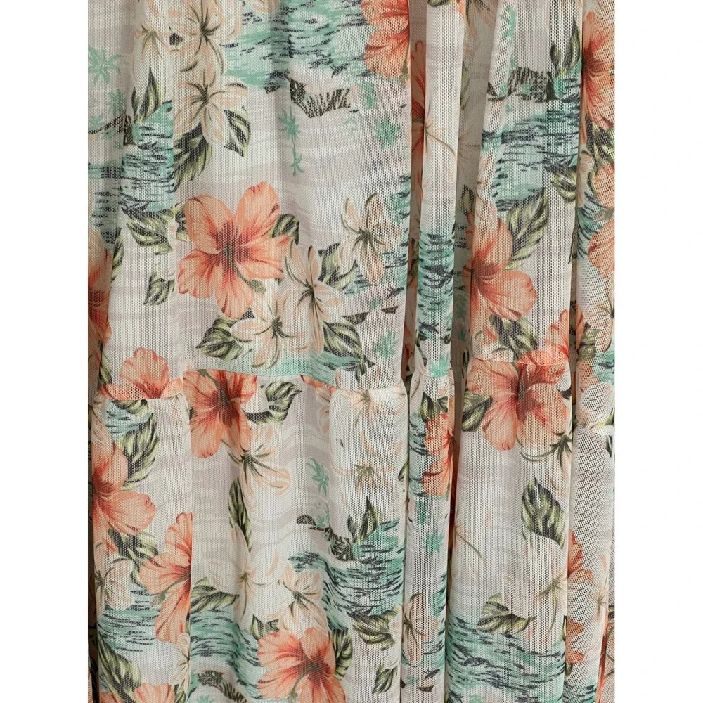 Love Fire Floral Mini Dress Large‎ Tropical Hibiscus Tiered Summer Sleeveless